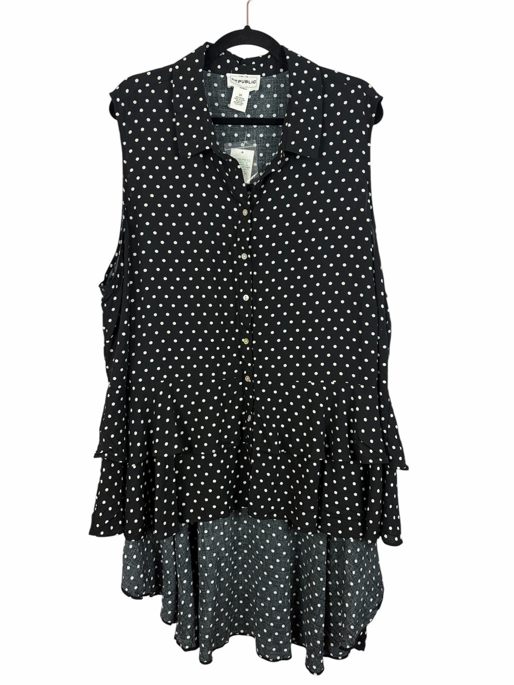 For The Republic Black White Polka Dot Sleeveless Ruffle Hi-Low Blouse 3X NWT
